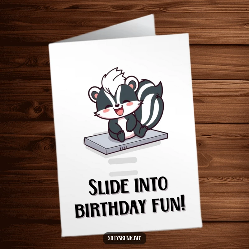 Funny Free Printable Birthday Card showing a skunk gleefully sliding down a photocopier tray with pure joy.