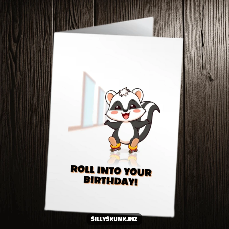 Funny Free Printable Birthday Card: A skunk gleefully slides on roller skates across a shiny office floor.