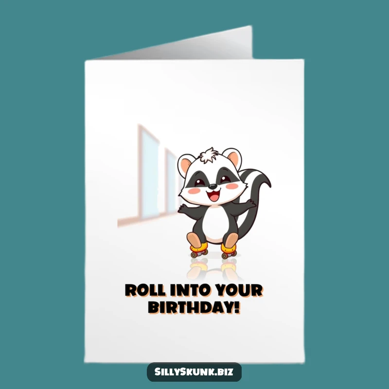 Free Printable Birthday Card: Skunk Roller Skate Fun Downloadable Gift