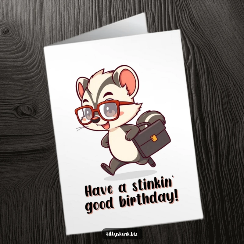 Funny Free Printable Birthday Card: A cute skunk with a tiny briefcase and oversized glasses rushing comically, adding humor to the celebration.