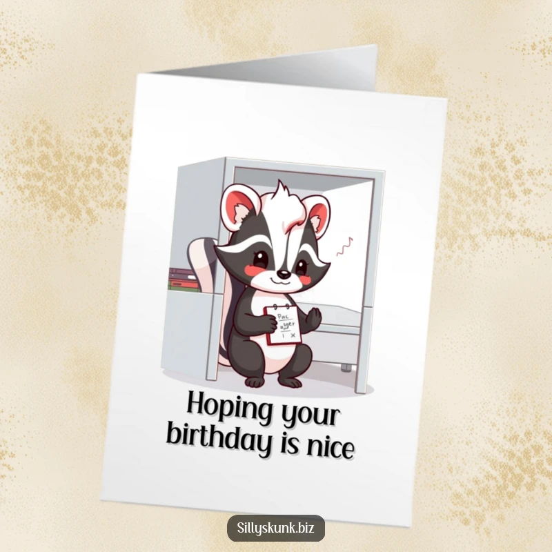 Funny Free Printable Birthday Card: A shy skunk doodles on a notepad in a small office cubicle, a heartwarming and humorous scene.