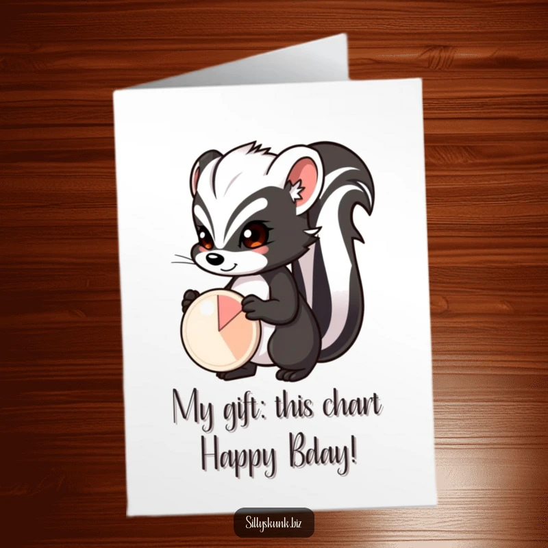 Funny Free Printable Birthday Card: Skunk with a determined expression, proudly presenting a small pie chart, celebrating success.