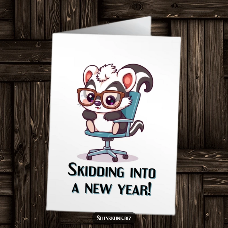 Funny Free Printable Birthday Card: Cute skunk with oversized glasses, playfully sliding across an office chair, having a blast.