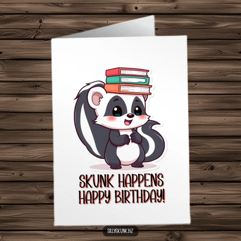 Funny Free Printable Skunk Card: A playful skunk hilariously tries to balance files on its head for a birthday wish.