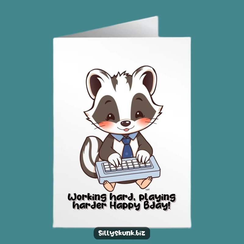 Free Printable Birthday Card: Funny Skunk Typing Tie - Cute Downloadable Gift!