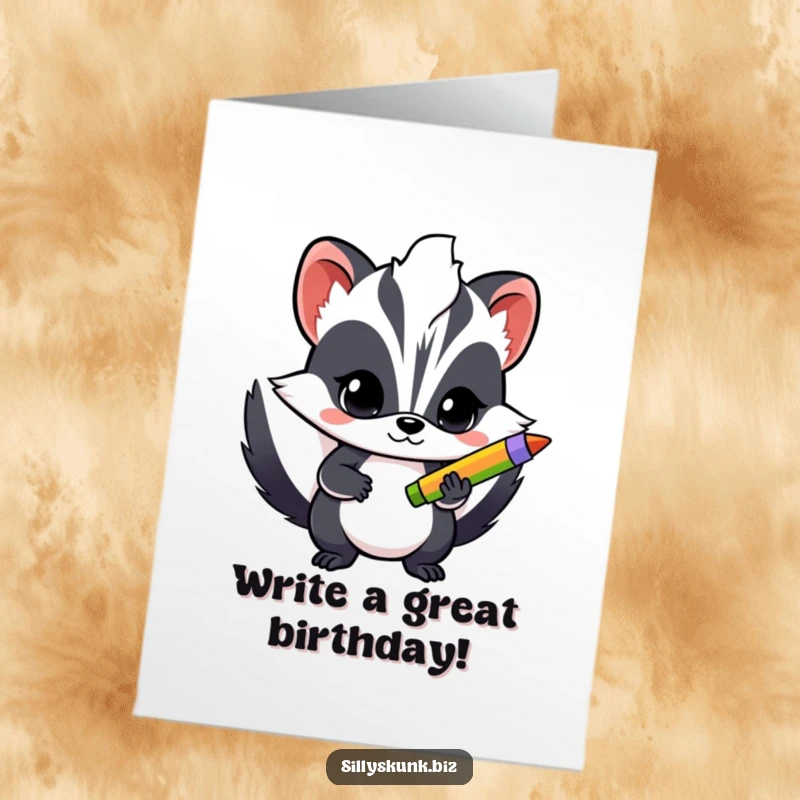 Funny Free Printable Birthday Card: A determined skunk holds a bright pen, ready to write birthday wishes.