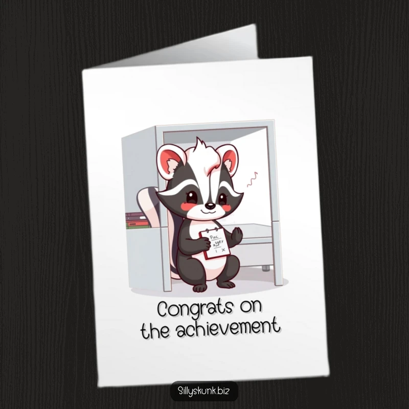Funny Free Printable Congrats Card: A shy skunk is shown doodling contentedly on a notepad within its small office cubicle.
