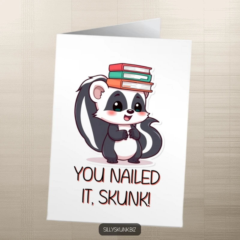 Funny Free Printable Skunk Congrats Card: A skunk comically juggles files, celebrating your success with laughter.