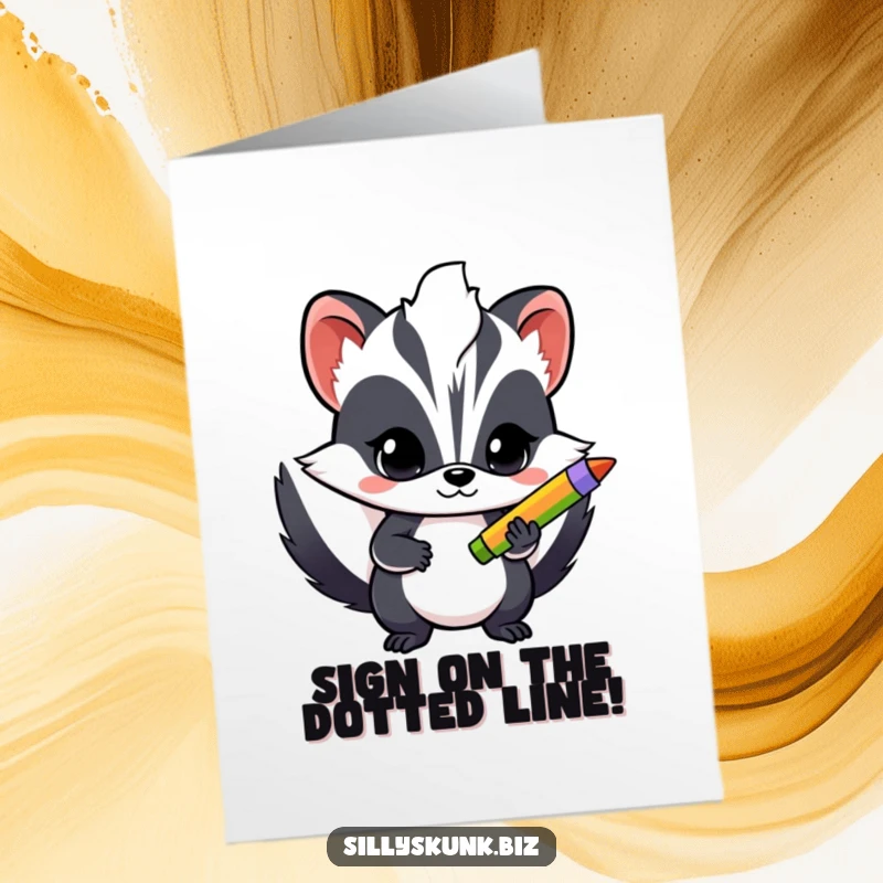 Funny Free Printable Congratulations Card: A determined skunk clutches a colorful pen, celebrating a great achievement.