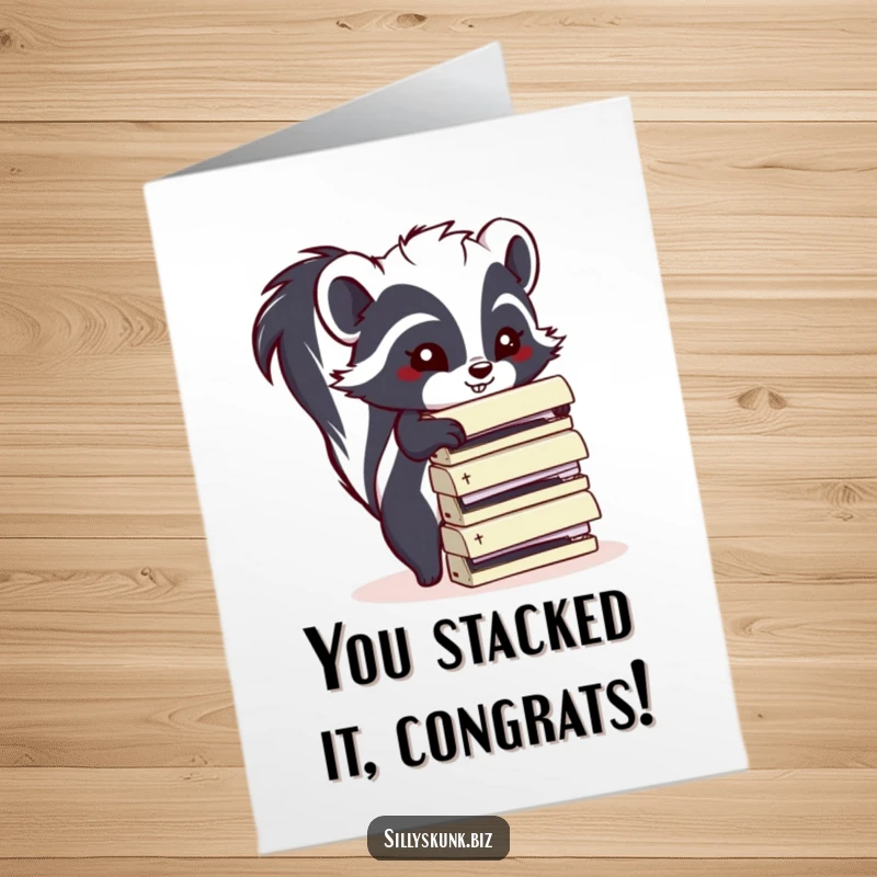 Funny Free Printable Congratulations Card: Mischievous skunk caught in the act of stacking office staplers, celebrating achievements.