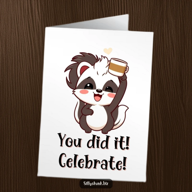 Funny Free Printable Congratulations Card: Skunk with a cheerful grin, enthusiastically holding a coffee cup overhead, toasting success.
