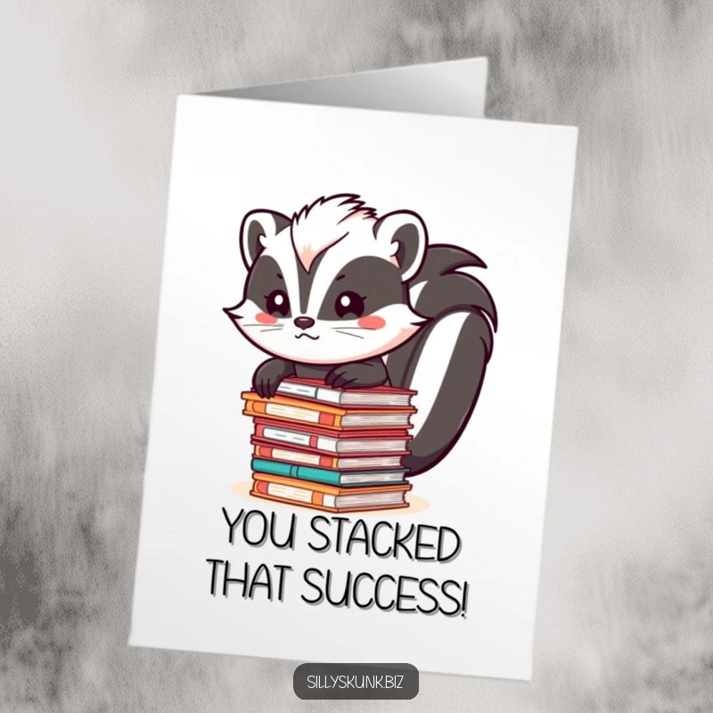 Funny Free Printable Congratulations Card showing a skunk overwhelmed by a precarious stack of office files.