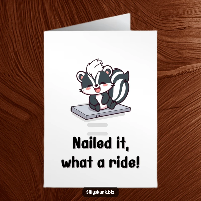 Funny Free Printable Congratulations Card featuring a skunk joyfully sliding down a photocopier tray, celebrating success.