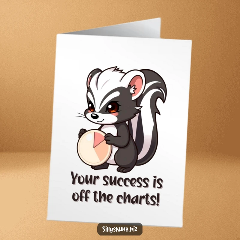 Funny Free Printable Congratulations Card: Skunk with a determined expression, proudly presenting a small pie chart, showcasing results.