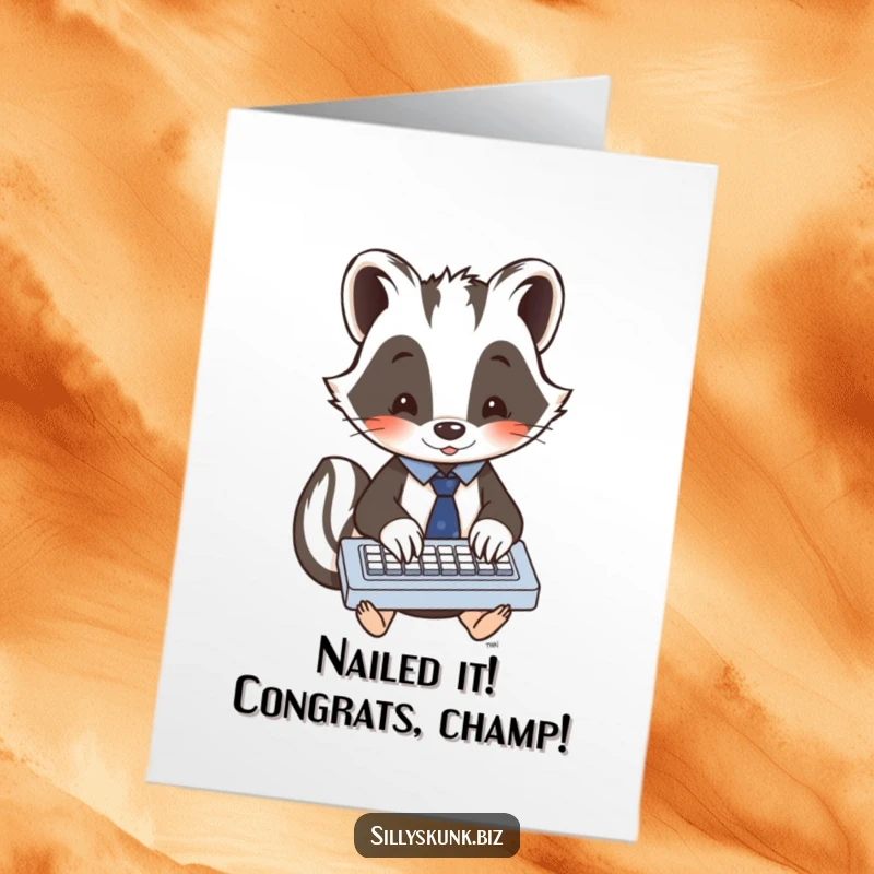 Funny Free Printable Congratulations Card: Kawaii skunk in a tiny tie, enthusiastically typing on a miniature keyboard, celebrating your win.