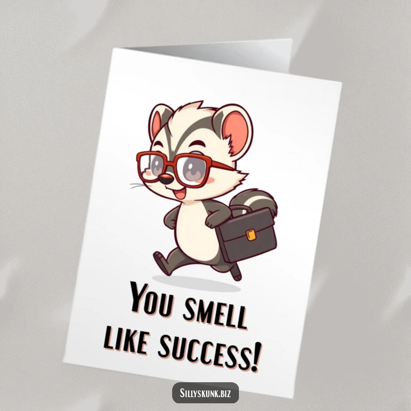 Funny Free Printable Congrats Card: A cute skunk wearing oversized glasses and carrying a tiny briefcase, depicted in a comical rush.