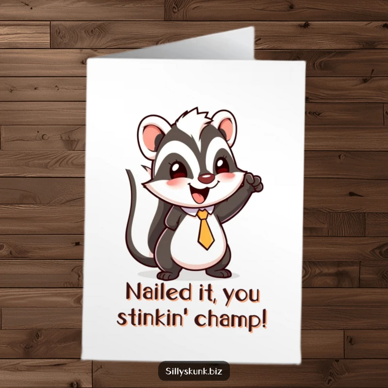 Funny Free Printable Congrats Card: A happy skunk wearing a small tie pumps its fist in a gesture of triumph and celebration.