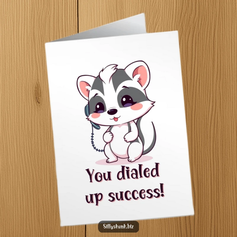 Funny Free Printable Congratulations Card showing a skunk with a headset, struggling to take a congratulatory phone call.