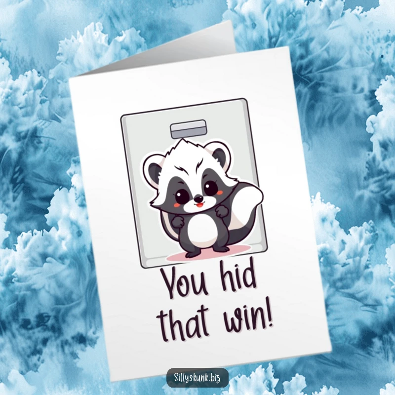 Funny Free Printable Congratulations Card showing a skunk with a cheeky grin, attempting to conceal itself within a filing cabinet.