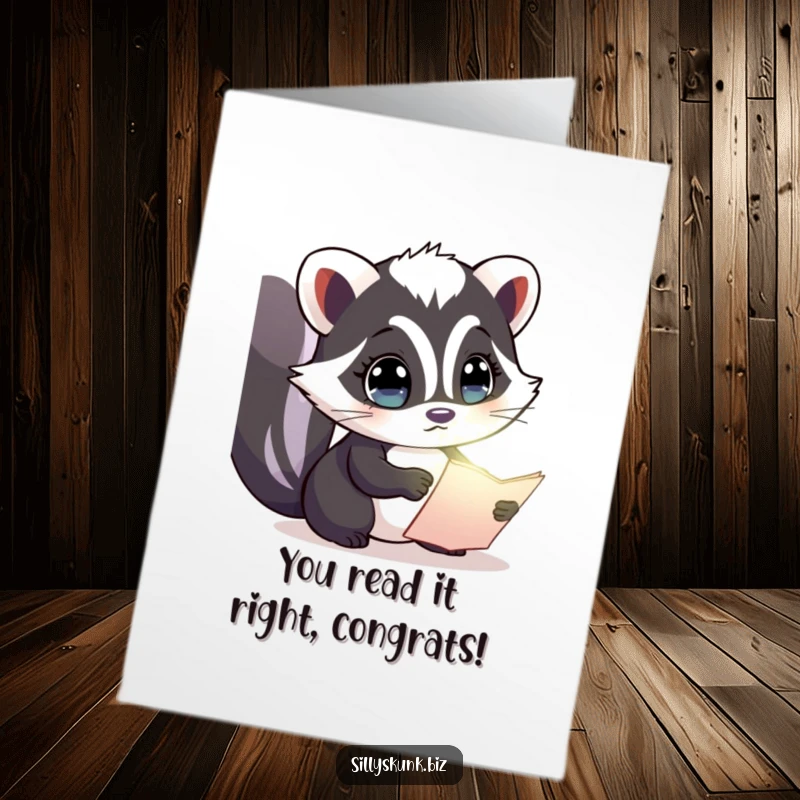 Funny Free Printable Congratulations Card: A skunk with wide eyes examines a glowing document, signifying a breakthrough.