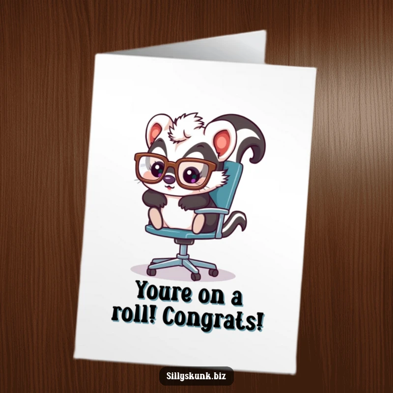 Funny Free Printable Congratulations Card: Cute skunk with oversized glasses, playfully sliding across an office chair, celebrating victory.