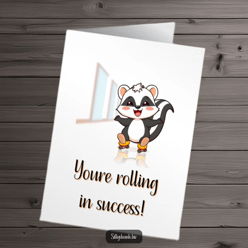 Funny Free Printable Congratulations Card: A skunk skates joyfully on tiny roller skates across an office floor.