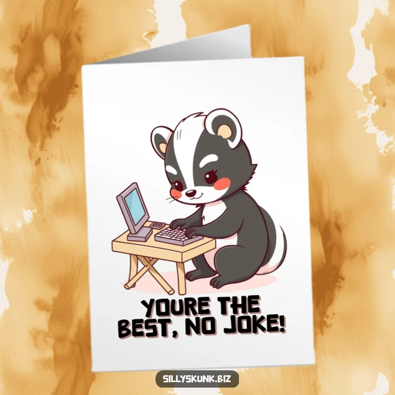 Funny Free Printable Congratulations Card: A cute skunk enthusiastically typing on a tiny keyboard, celebrating success.