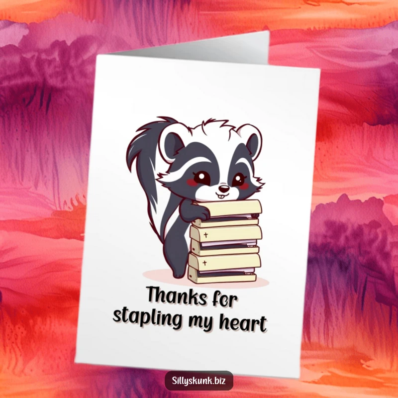 Funny Free Printable Thank You Card: Mischievous skunk attempting to balance a tower of office staplers, expressing gratitude.