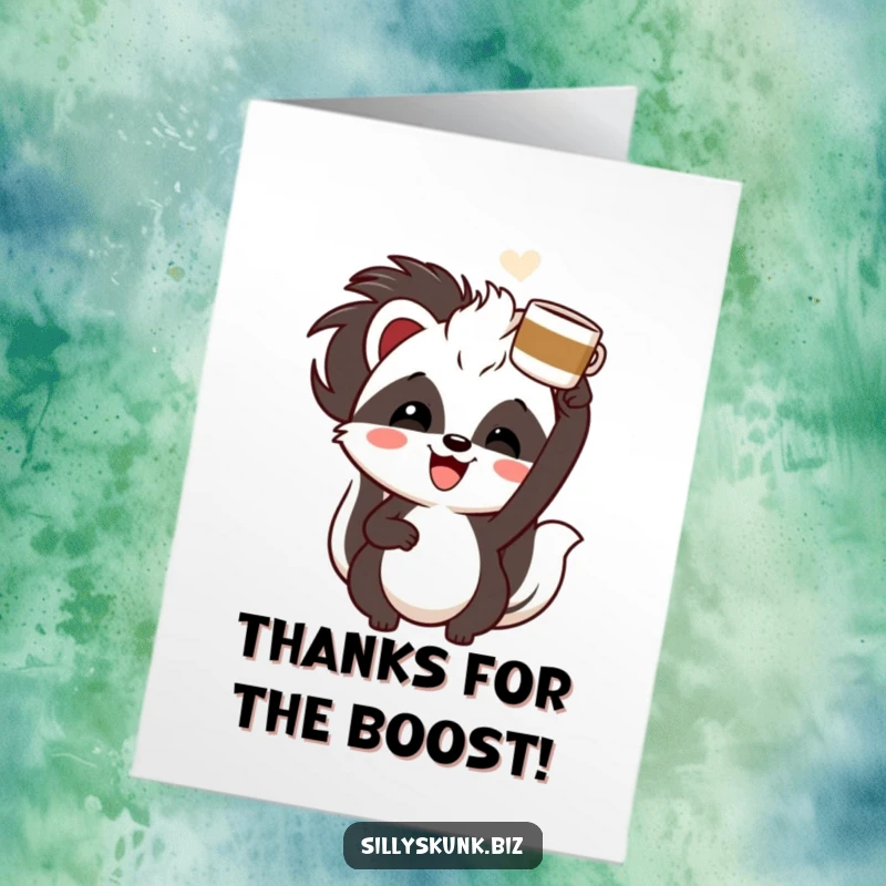 Funny Free Printable Thank You Card: Skunk with a cheerful grin, enthusiastically holding a coffee cup overhead, expressing thanks.