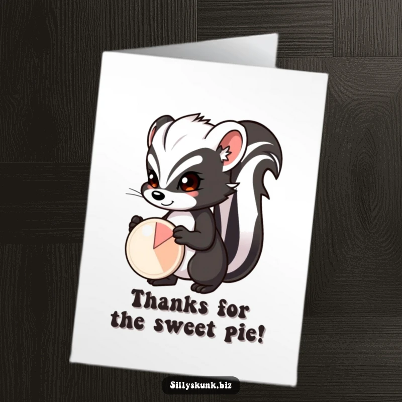 Funny Free Printable Thank You Card: Skunk with a determined expression, proudly presenting a small pie chart, showing appreciation.