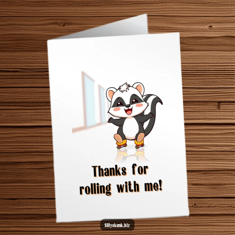 Funny Free Printable Thank You Card: A skunk slides joyfully on roller skates across an office floor, sending thanks.