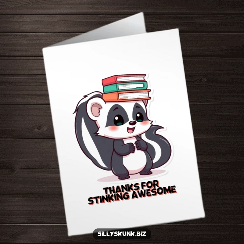 Funny Free Printable Skunk Thank You Card: A skunk balancing files sends a humorous message of gratitude.