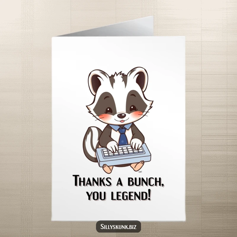Funny Free Printable Thank You Card: Kawaii skunk in a tiny tie, enthusiastically typing on a miniature keyboard, expressing gratitude.