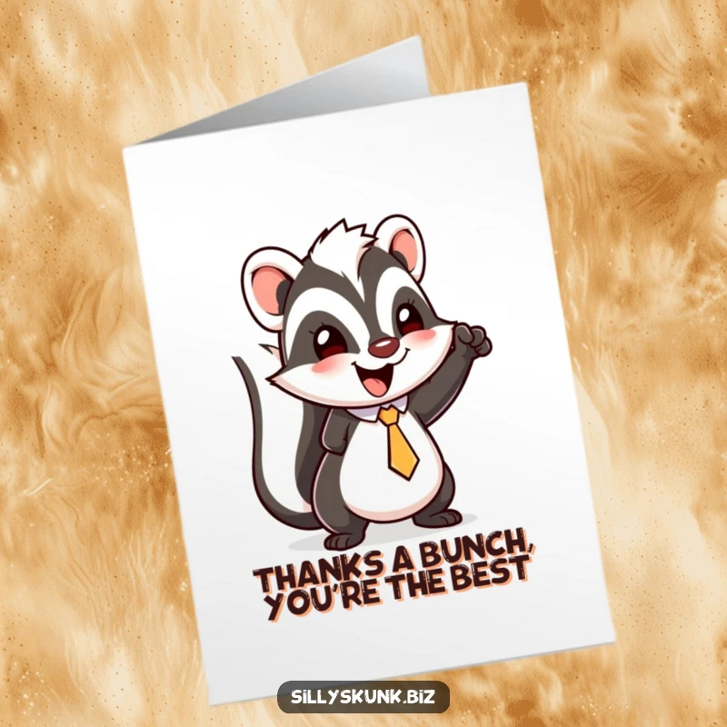 Funny Free Printable Thank You Card: A happy skunk in a tiny tie executes a triumphant fist pump, conveying thanks with energetic humor.