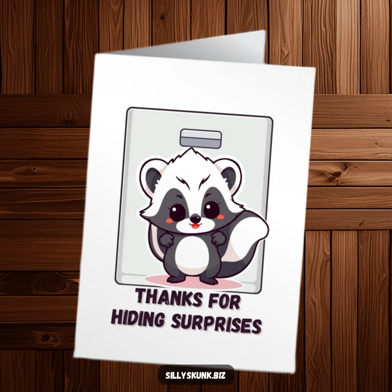 Funny Free Printable Thank You Card featuring a skunk with a cheeky grin, peeking out as it hides in a filing cabinet.