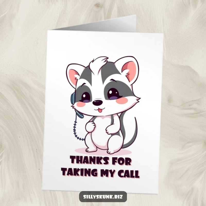 Funny Free Printable Thank You Card featuring a skunk in a headset, comically trying to answer a busy phone line.