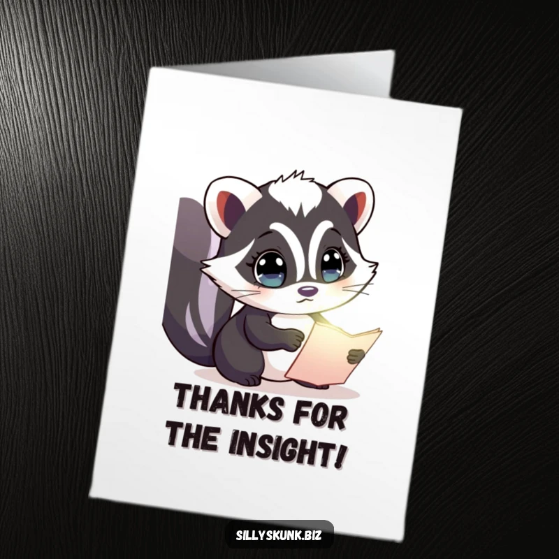 Funny Free Printable Thank You Card: A skunk with wide, curious eyes peers at a tiny, glowing document, conveying thanks.