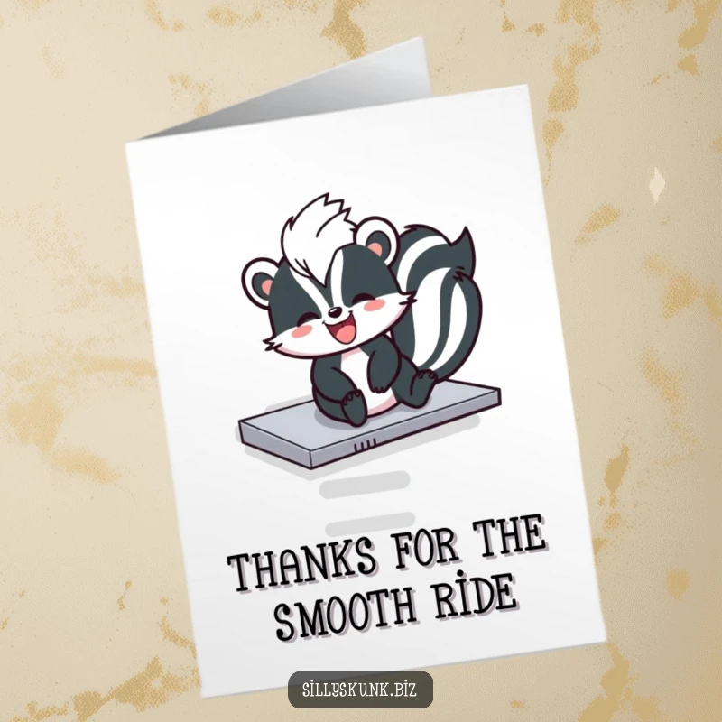 Funny Free Printable Thank You Card with a skunk enthusiastically sliding down a photocopier tray, spreading cheer.