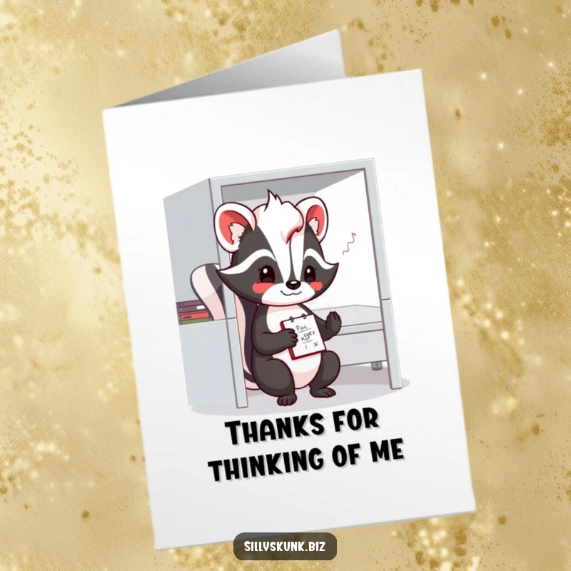 Funny Free Printable Thank You Card: A shy skunk doodles on a notepad in a cubicle, offering a unique and humorous expression of thanks.
