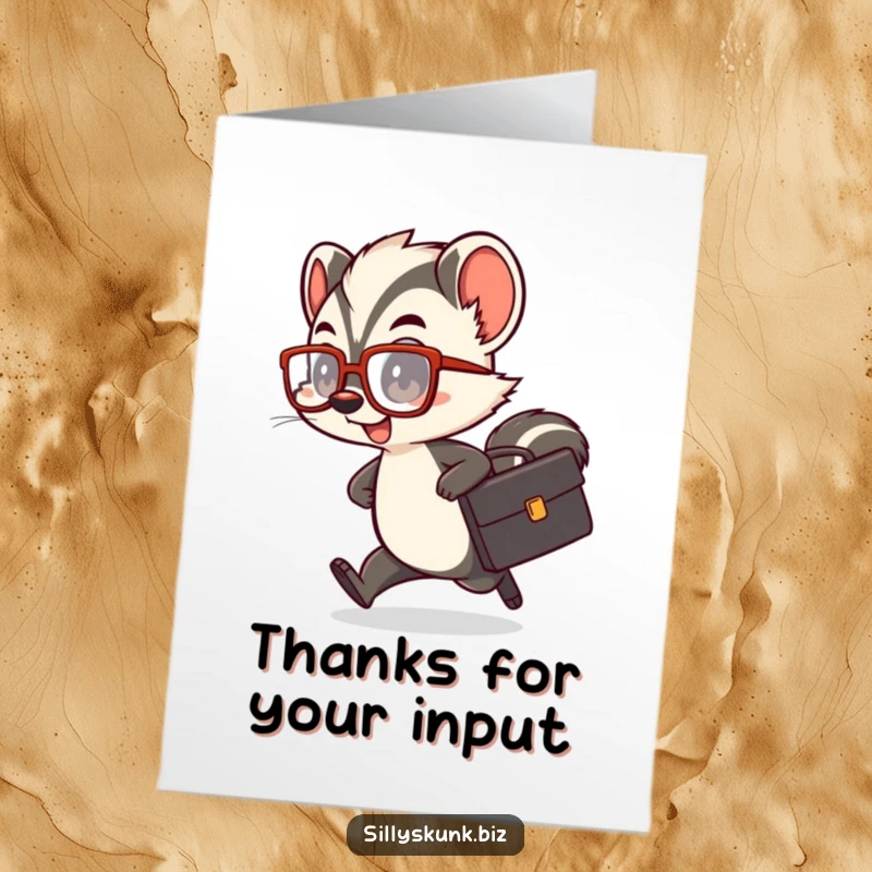 Funny Free Printable Thank You Card: A cute skunk with a briefcase and big glasses rushing comically, conveying thanks with humor.