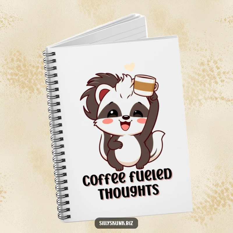Funny skunk with a cheerful grin, enthusiastically holding a coffee cup overhead, a funny notebook for coffee lovers.