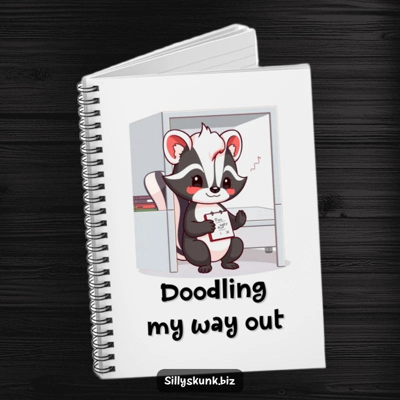 Funny skunk notebook featuring a shy character with a notepad, doodling contentedly in a small office cubicle.