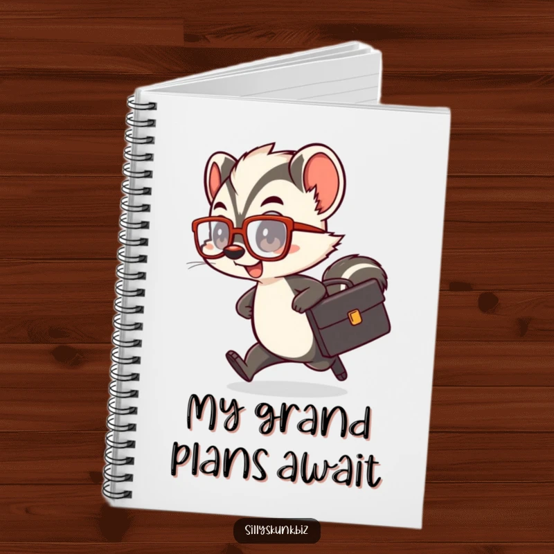 Funny skunk notebook featuring a cute character with a tiny briefcase and oversized glasses, rushing comically.
