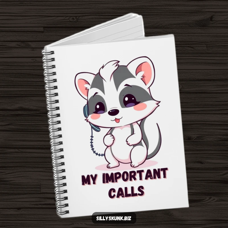 Funny skunk wearing a headset, holding a phone, on the cover of a humorous notebook.
