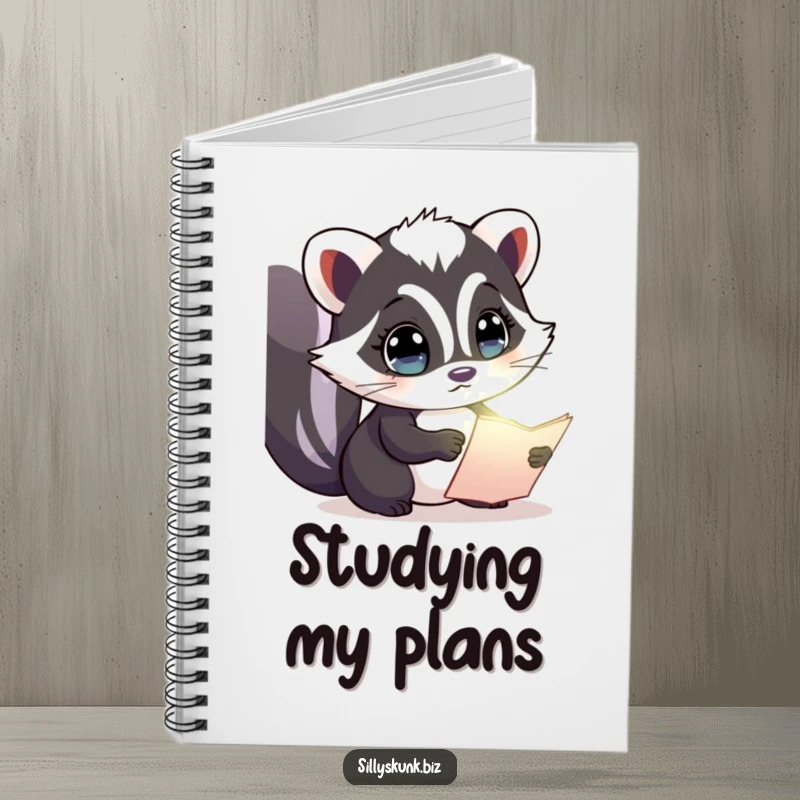 Funny notebook with a curious skunk examining a glowing document, ideal for note-taking, journaling, and discovery.