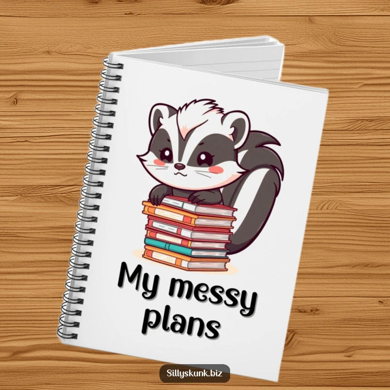 Funny skunk attempting to balance a huge stack of papers on a notebook cover, looking focused.