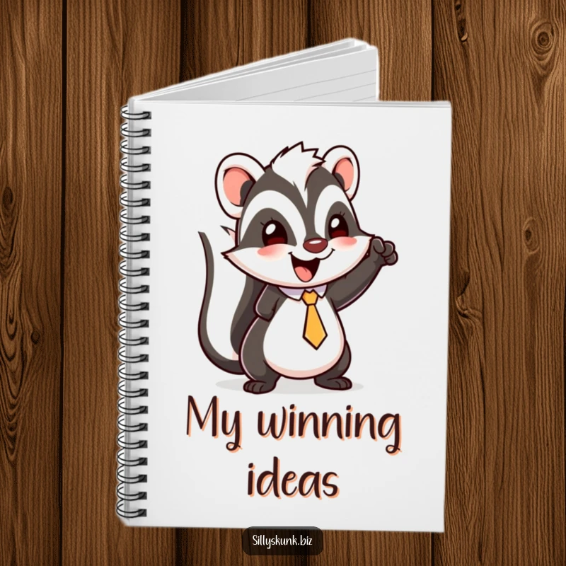 Funny skunk notebook featuring a happy character with a tiny tie, doing a little triumphant fist pump.