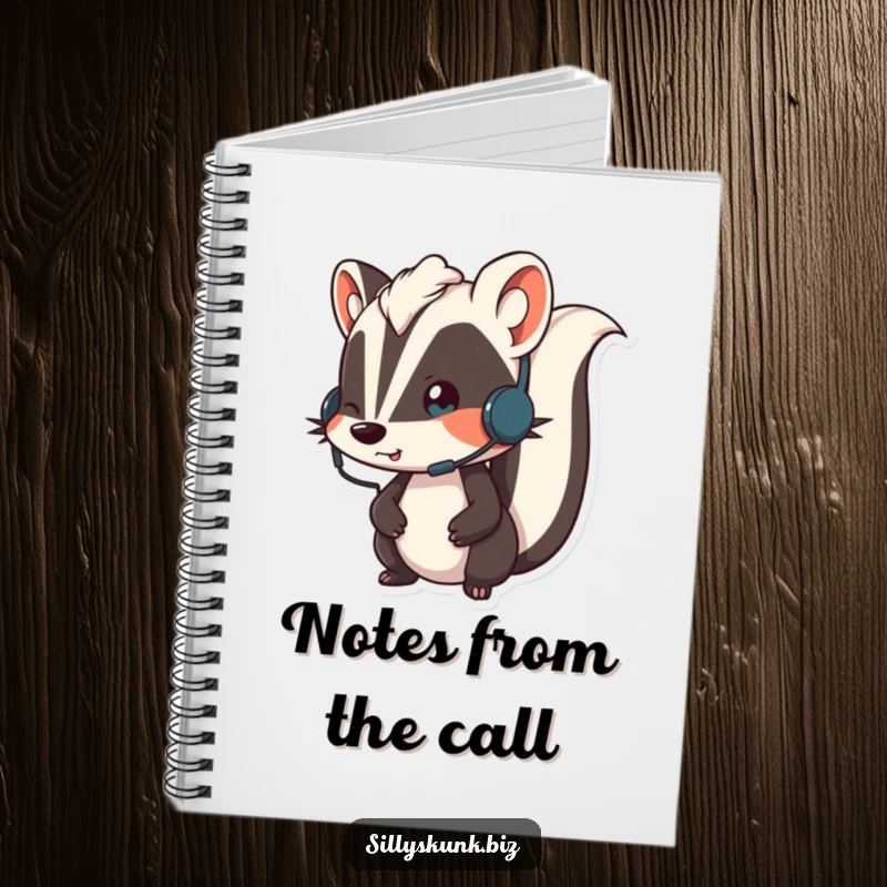 Funny skunk wearing a small headset, looking animated while on a call, a funny notebook for notes.