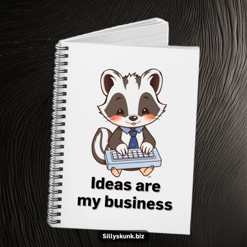 Funny skunk in a tiny tie, enthusiastically typing on a miniature keyboard, a funny notebook for ideas.