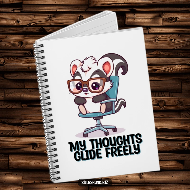 Cute skunk with oversized glasses, playfully sliding across an office chair, a funny notebook for ideas.